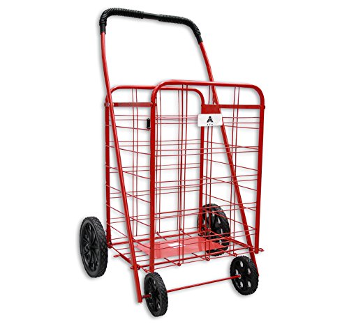 ATH Large Deluxe Rolling Utility / Shopping Cart - Stowable Folding Heavy Duty Cart with Rubber Wheels For Haul Laundry, Groceries, Toys, Sports Equipment, (Red, XL)