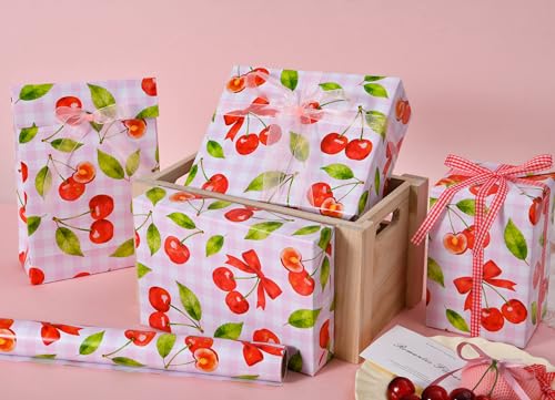 Sikiweiter Cherry Wrapping Paper Roll - 17" x 16.5 ft - Pink Gingham with Red Cherries and Bows - Gift Wrap for Birthday, Party, Baby Shower, Sweet Themes(Cherry) - color: Cherry