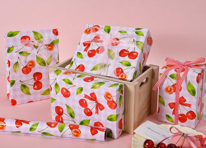 Sikiweiter Cherry Wrapping Paper Roll - 17" x 16.5 ft - Pink Gingham with Red Cherries and Bows - Gift Wrap for Birthday, Party, Baby Shower, Sweet Themes(Cherry) - color: Cherry
