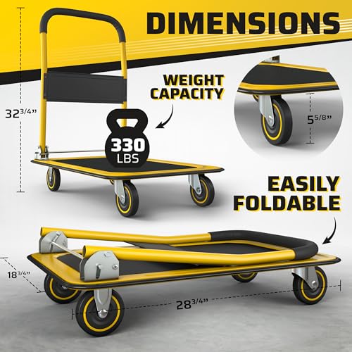 Heavy Duty Foldable Push Cart Dolly | 330 lbs. Capacity | Upgraded Collapsible Hand Truck Folding Platform with Swivel Wheels | Flat Bed Moving Wagon | Space Saving Push Handle (Yellow) - color: Yellow, 330 Lbs. Capacity