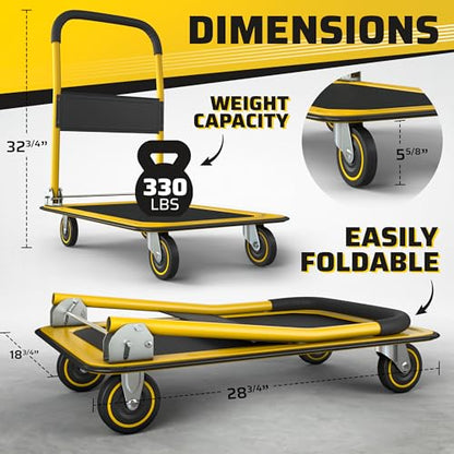 Heavy Duty Foldable Push Cart Dolly | 330 lbs. Capacity | Upgraded Collapsible Hand Truck Folding Platform with Swivel Wheels | Flat Bed Moving Wagon | Space Saving Push Handle (Yellow) - color: Yellow, 330 Lbs. Capacity