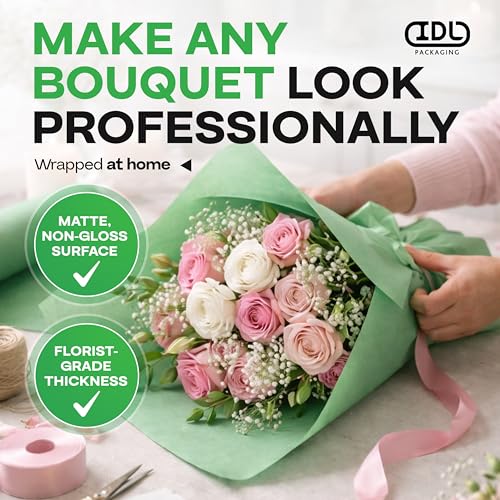 IDL Packaging Green Flower Wrapping Paper, 24"x1200" (100 feet) - USA-Made Premium 50lb Thick Bouquet Wrapping Paper - Elegant Flower Wrap Roll for Weddings, Ceremonies & Special Events - color: Green, size: 24" X 100 Feet