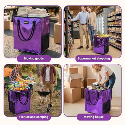 Grocery Bag Rolling Tote Bag on Wheels, Shopping Bag with Wheels Handle - color: Purple