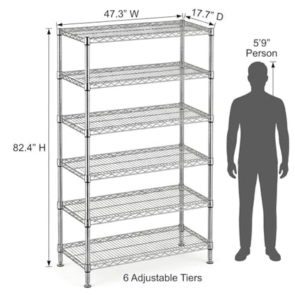 6-Tier NSF Certified Heavy Duty Wire Shelving Unit, 2100 LBS Capacity, Chrome Steel, Adjustable Feet & Shelves, 47.3" W x 17.7" D x 82.4" H - color: Chrome/Silver
