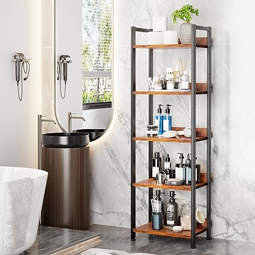 Furologee 5 Tier Bookshelf with Drawer, Tall Narrow Bookcase, Rustic Brown - color: Rustic Brown, size: 5 Tier