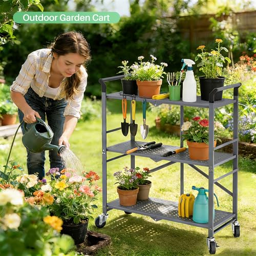 SNTD 3 Tier Rolling Cart, Metal Utility Cart on Wheels, Grey