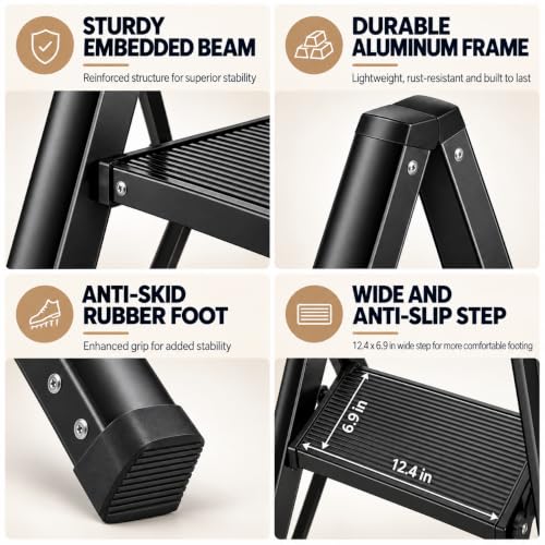 HISMOCAL 3 Step Ladder, Aluminum Folding Step Stool for Closet, Black - color: Black, size: 3 Step