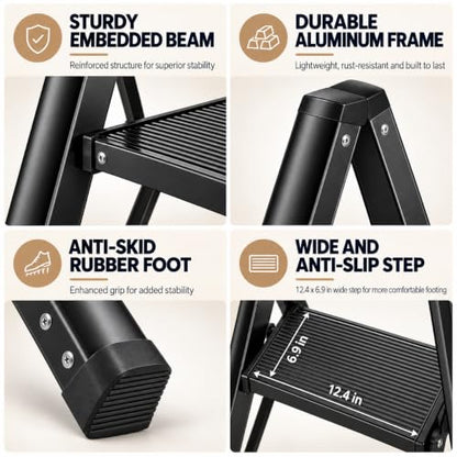 HISMOCAL 3 Step Ladder, Aluminum Folding Step Stool for Closet, Black - color: Black, size: 3 Step
