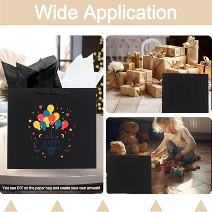 Offizon 12 Pcs Black Gift Bags, Paper Bag with Mixed Tissue Paper (4 Small 6", 4 Medium 8.7", 4 Large 12.6"), Kraft Paper Bags with Handles for Birthdays and Holidays - color: 3 Sizes-BlackB-12PCS