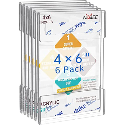 NIUBEE 4x6 Acrylic Sign Holder Wall Mount Clear Frame 6 Pack - size: 4x6"