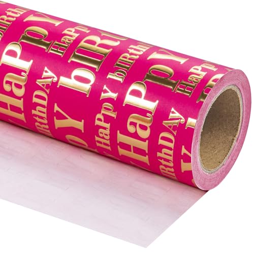 WRAPAHOLIC 3D Kraft Birthday Wrapping Paper Roll - Mini Roll - 17 Inch x 16.5 Feet - Gold and Hot Pink Happy Birthday Wrapping Paper with Embossed Perfect for Girls Women, Holiday, Party - color: Hot Pink & Gold Happy Birthday, size: 17 inch x 16.5 feet