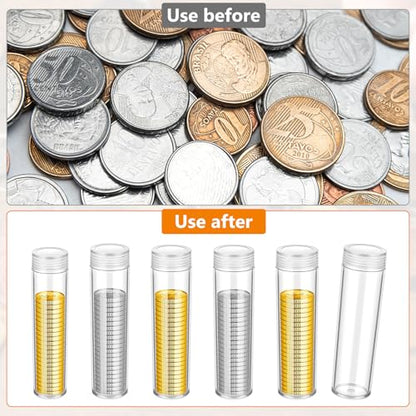 60 Pcs Plastic Coin Tubes, 6 Different Sizes Clear Quarter