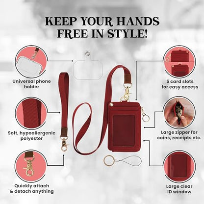 MONDO DESIGNS 2-in-1 ID Badge Holder Lanyard Wallet - Bordeaux Red - color: Bordeaux Red