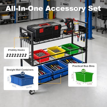 34" Extra-Wide Heavy-Duty 3-Tier Metal Utility Cart on Wheels for Warehouse - color: Premium Black