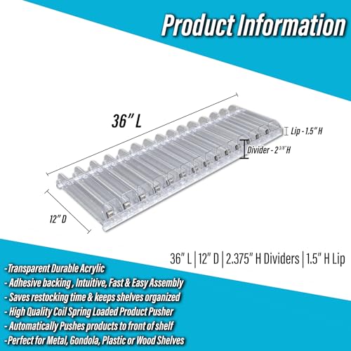 Auto Feed Shelf Product Pusher Kit, Adjustable Pushing System for 36" L x 12" D Shelves, 1 Kit - [14 Shelf Pushers + 15 Dividers] - size: 36" Kit