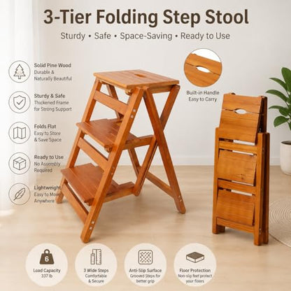 3-Step Wooden Folding Step Stool – Solid Pine Frame, Non-Slip Steps, Anti-Scratch Base, 337lb Capacity – No Assembly Required, Space-Saving for Kitchen & Home – Walnut (Light Brown) - color: Light Brown