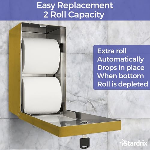 Stardrix Gold 2 Roll Stainless Steel Commercial Toilet Paper Dispenser, Heavy Duty Wall Mount Tissue Holder with Lock for Restroom/Bathroom - color: Gold