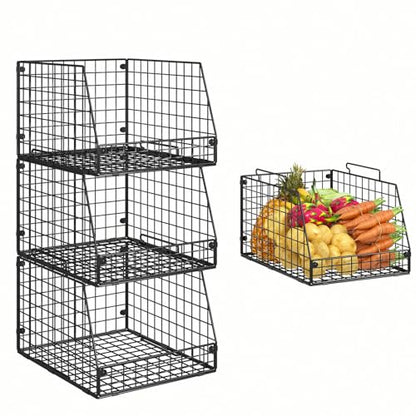 3 Pack XXL Stackable Wire Baskets, Large Storage Bins for Onion, Potato, Vegetable, Fruit, Snack, Pantry Baskets for Kitchen Cabinet Countertop, Pantry Organizers and Storage Solutions - size: 3 Pack-Wide 15.4"W x 11.8"D
