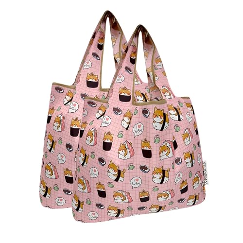 allydrew Medium Foldable Tote Nylon Reusable Grocery Bag (Set of 2) - color: Doggy Sushi