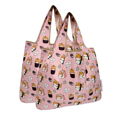 allydrew Medium Foldable Tote Nylon Reusable Grocery Bag (Set of 2) - color: Doggy Sushi