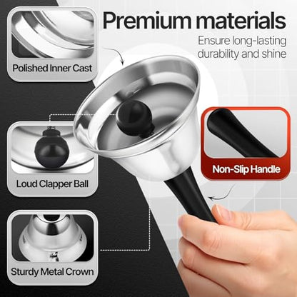 Flexzion Hand Bell for Service - Loud Dinner Bell & Desk Bells with Black Handle, Silver Steel Ringer for Classroom, Hotel Front Desk, School, Elderly at Home Nurse Call Pet Training Food Line, 2 Pack