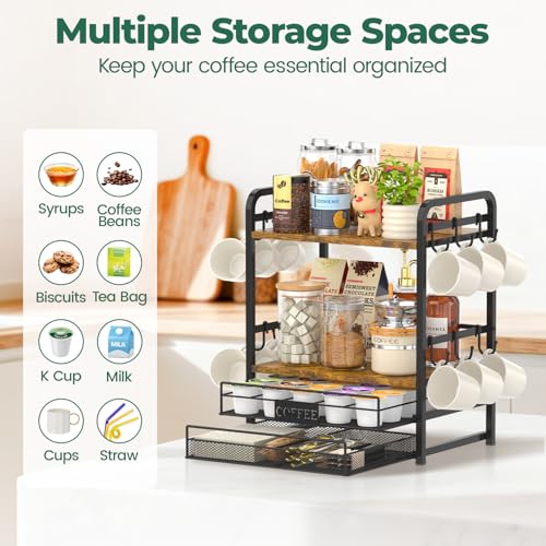 EsLuker.ly Coffee Bar Organizer Station Shelf Mug Holder for Countertop - color: Black+Brown+Brown