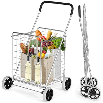 COSTWAY Shopping Cart with Wheels, Folding Grocery Cart with Basket