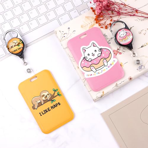 Funny Sloth & Cat Badge Reel Retractable ID Holder Name Reel Clip Vertical ID Key Card Badge Holder for Women Nurse Teacher Preppy School Student - color: Cat & Sloth