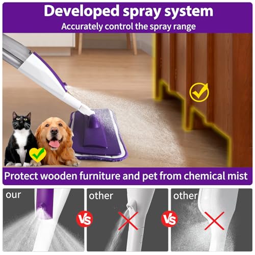 Wet Spray Mop for Floor Cleaning with 14 oz Bottle & 3 Microfiber Pads - color: 01-purple