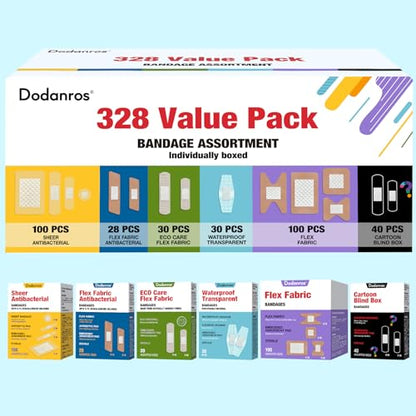 Dodanros Variety Bandages Pack,328ct Assorted Bulk Various Sizes, Shapes &Features | Sheer & Flex Fabric with Benzalkonium, ECO Bamboo Fabric, Waterproof, Cartoon Blind Box Fragrance Bandages