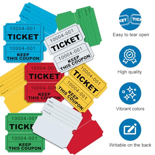 1000 Pcs Raffle Tickets Roll, 50/50 Raffle Tickets for Events, Fundraisers & Parties (5 Colors), Class Reward, Fundraiser & Prizes, Total in Five Colors (500 Pairs)