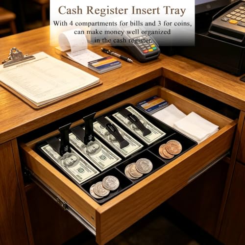 Cash Register Drawer Insert Tray, 4 Bills Cash Till Drawer with Metal Clip Coin Safe Insert Trays Portable Cash Register for Small Businesses