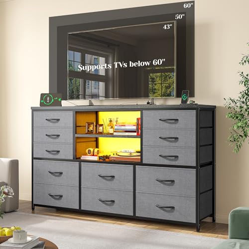 EnHomee Dresser for Bedroom with LED Lights & Charging Station - color: Grey