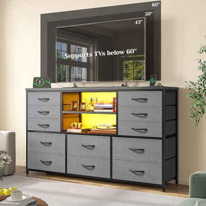 EnHomee Dresser for Bedroom with LED Lights & Charging Station - color: Grey