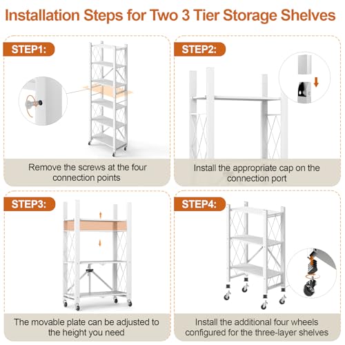 6-Tier Foldable Storage Shelves with Wheels, Folding Metal Shelf Unit - color: White, size: 6 Tier