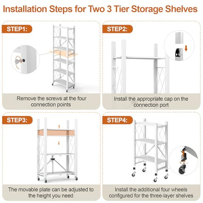6-Tier Foldable Storage Shelves with Wheels, Folding Metal Shelf Unit - color: White, size: 6 Tier