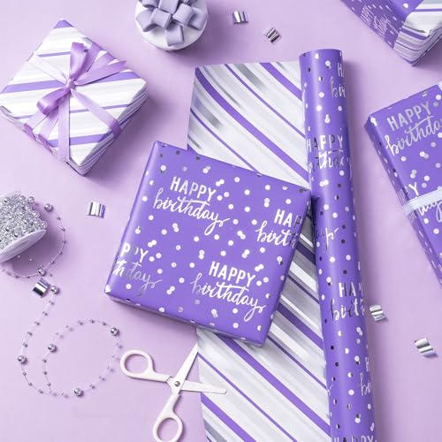 LeZakaa Purple Birthday Wrapping Paper Roll for Girls Women, Happy Birthday Lettering & Stripe Reversible, Metallic Foil, Large Roll, 30 inches x 32.8 Feet (92.9 sq.ft.) - color: Birthday - Purple, size: 30" X 32.8 ft