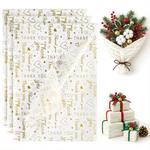 Koogel 100 Sheets White Gold Thank You Tissue Paper, 20 X 14 inches - color: White