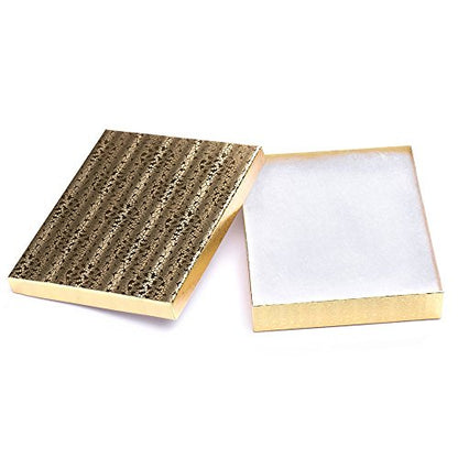 RJ Displays 25 Piece Pack Gold Foil Paper Cotton Filled Lidded Jewelry Gift Box Necklace, Belt Buckle, Pendant, Brooch, Bracelet, Bangle, anklet -Size 5.25" X 3.75" X 1" (Gold) - color: Gold