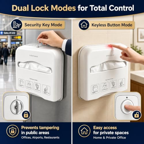 Commercial Toilet Seat Cover Dispenser Wall Mounted No Drilling Toilet Tissue Cover Holder with Key Lock & Keyless Access, High Impact ABS Plastic for Public Restrooms (White)
