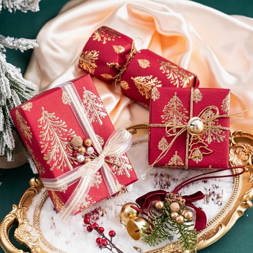 WRAPAHOLIC 3D Kraft Christmas Wrapping Paper Roll - Mini Roll - 17 Inch x 16.5 Feet - Gold and Red Christmas Tree Wrapping Paper with Embossed Perfect for Holiday, Party Celebration - color: Christmas Tree - Red & Gold, size: 17 inch x 16.5 feet