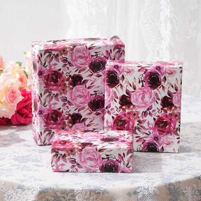 ZINTBIAL Floral Wrapping Paper Roll - Purple Rose Design, 17 Inches x 16.5 Feet, Gift Wrap for Wedding, Bridal Shower, Birthday, Mother's Day,Anniversary, Cut Lines on Back - color: Purple-Floral