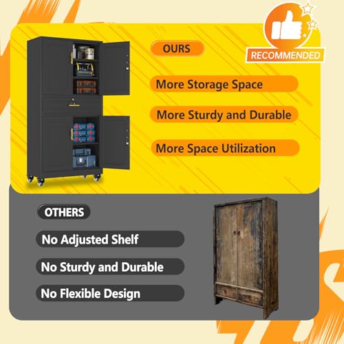 pozdeg 74" Black Lockable Rolling Metal Garage Storage Cabinet - color: Black