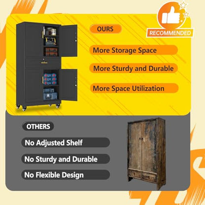 pozdeg 74" Black Lockable Rolling Metal Garage Storage Cabinet - color: Black