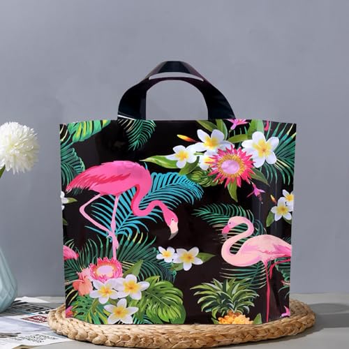 Joyhey 50 Count 9.8" x 11.8" Plastic Merchandise Bags, Shopping Retail Bags with Handles - Flamingo (More Patterns Available) - color: Flamingo