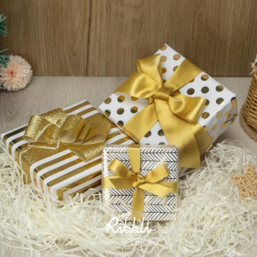 Ribbli Birthday Wrapping Paper White and Gold Gift Wrapping Paper for Christmas Mini Roll, 3 Rolls Polka Dots Stripes Geometry Pattern with Gold Foil - 17 inch x 120 inch(10feet) Per Roll - color: White/Gold