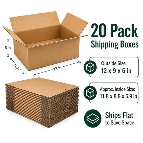 12x9x6 Brown Kraft Shipping Boxes for Small Business, 20 Pack - size: 12x9x6 Inch