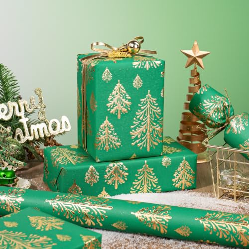WRAPAHOLIC 3D Kraft Christmas Wrapping Paper Roll - 30 Inch x 16.5 Feet - Gold and Green Christmas Tree Wrapping Paper with Embossed Perfect for Holiday, Party Celebration - color: Christmas Tree - Green & Gold, size: 30 inch x 16.5 feet
