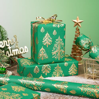 WRAPAHOLIC 3D Kraft Christmas Wrapping Paper Roll - 30 Inch x 16.5 Feet - Gold and Green Christmas Tree Wrapping Paper with Embossed Perfect for Holiday, Party Celebration - color: Christmas Tree - Green & Gold, size: 30 inch x 16.5 feet