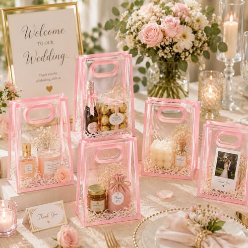 SHIPKEY 10 PCS Clear Gift Bags with Handles, Small Pink PVC Party Bag - color: Pink - Small